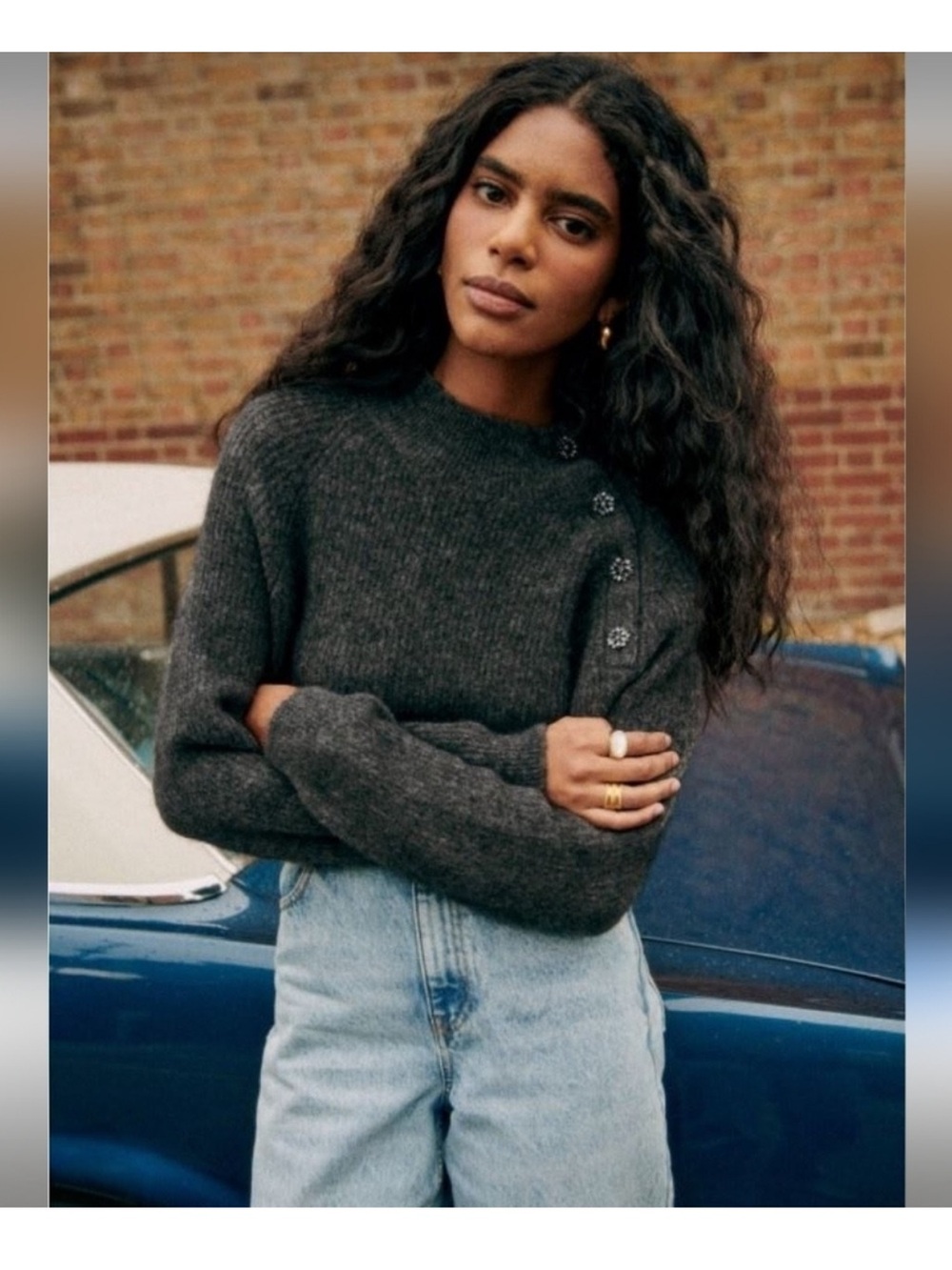 Sezane Trudy Jumper Mohair Wool Blend Mock Neck Sweater Jewel Button Luxury Knit